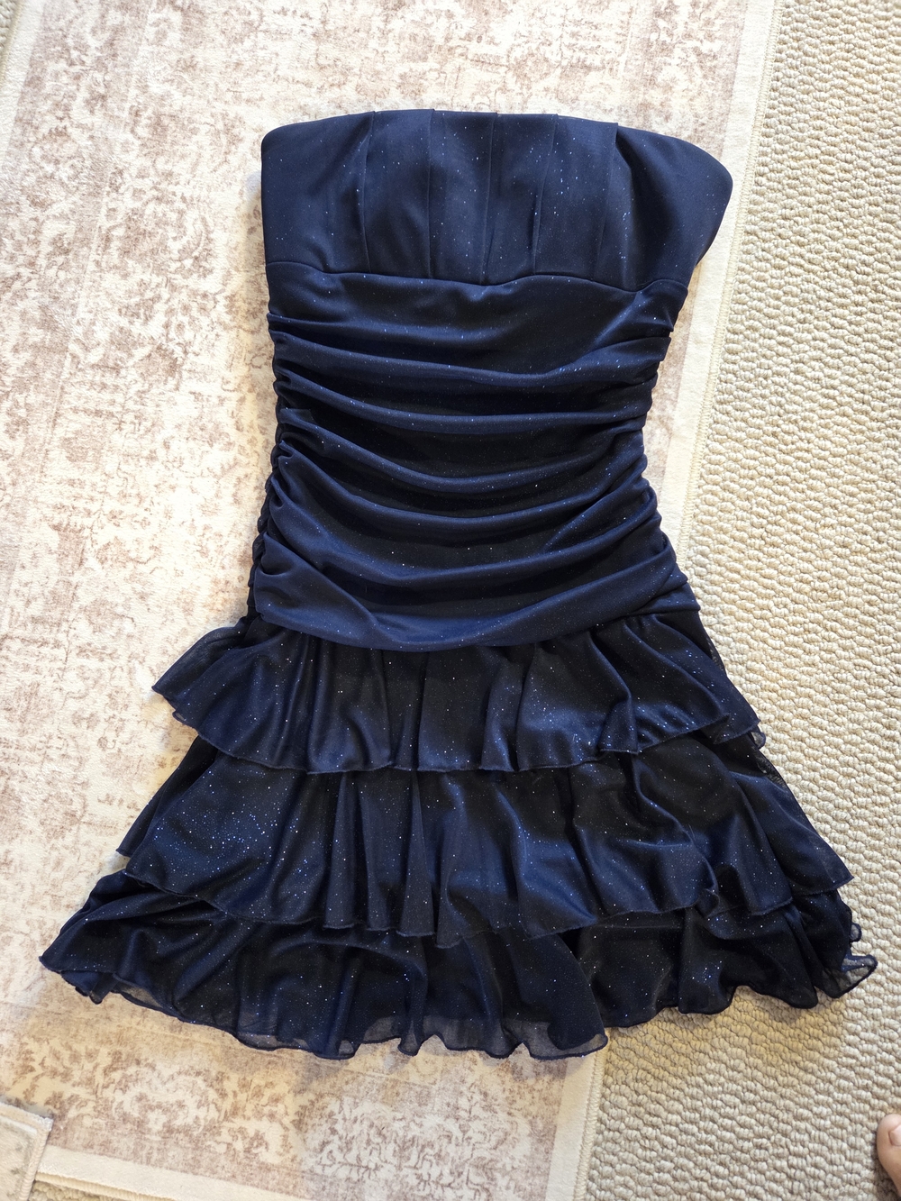 Strapless Sparkle Navy Blue Ruffle Party Dress